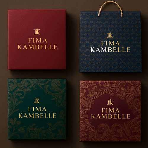 Create me 4 different unique, sophisticated packages materials for my clothing brand FIMA KAMBELLE by making it first of its kind and chic. Rich colors and designs 