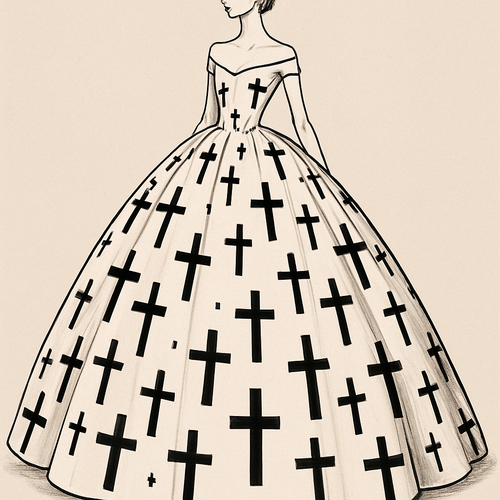 A ball gown with crosses on surface of dress with different size 