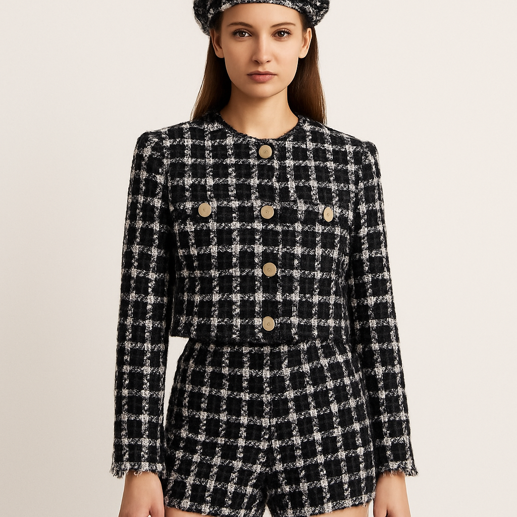 Tweed crop jacket in black and white with matching tweed shorts
Jacket slightly longer gold buttons pockets on breasts full length sleeves slight white fringe on end of sleeves
Bigger print and matching beret
Smaller beret more distinct pockets
Exact same just jacket slightly longer to cover the naval and show the beret and thigh high leather boots
Tweed crop jacket in black and white with matching tweed shorts
Jacket slightly longer gold buttons pockets on breasts full length sleeves slight white fringe on end of sleeves
Bigger print and matching beret
Smaller beret more distinct pockets
Exact same just jacket slightly longer to cover the naval and show the beret and thigh high leather boots
