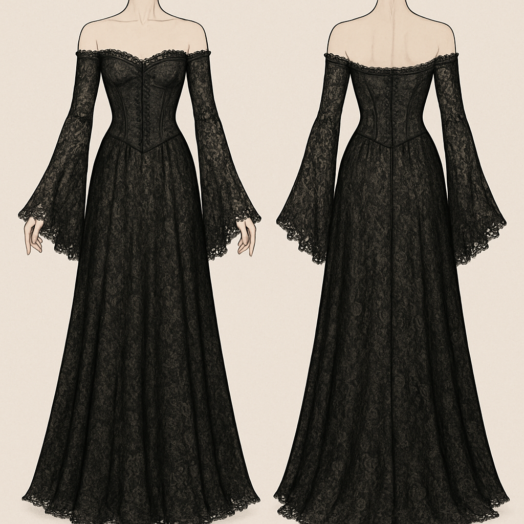 A black lace dress, corset top with off the shoulder long sleeves covering the hands as they flare out at the ends, the skirt part flows down to the feet.
A black lace dress, corset top with off the shoulder long sleeves covering the hands as they flare out at the ends, the skirt part flows down to the feet., elegant style, show front and back