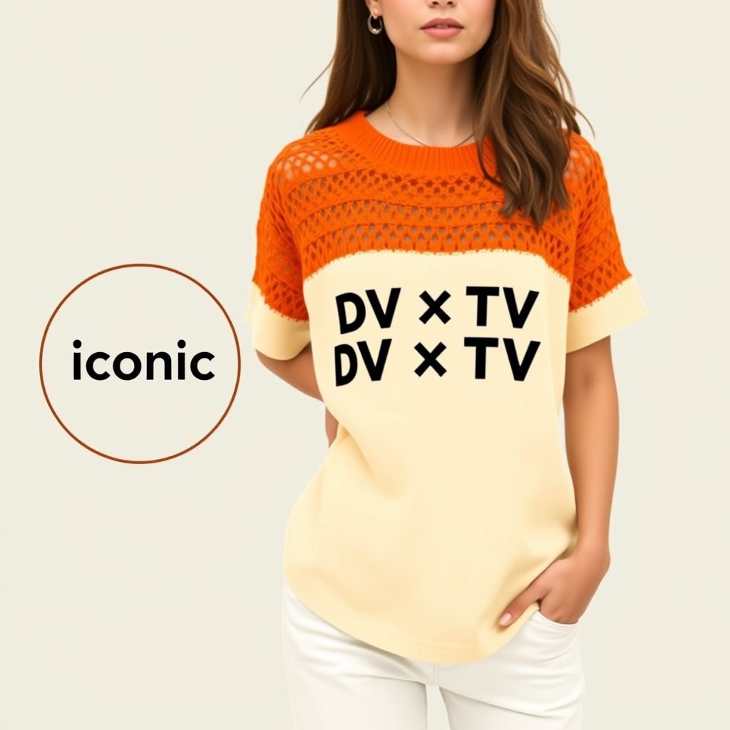 A orange and beige two toned crochet shirt, that says “DV X TV” on it, with the word “iconic” in a circle on left
Design a laid-back, two-toned crochet shirt in vibrant orange and soft beige, perfect for casual outings. The shirt features bold “DV X TV” lettering across the chest, symbolizing a unique blend of style. A playful circle encloses the word “iconic” on the left, adding a fun touch to effortless, everyday wear.