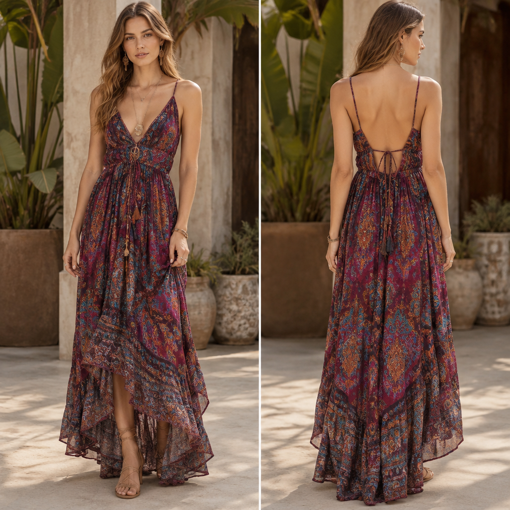 A Female Dress design, made of Silk, with a soft, cosy hand, with a Tailored silhouette, in a Jewel Tones color palette, for Date Night, suitable for Summer, suited to a Tropical climate, in Bohemian style, shown on a model with fair skin and a slim figure Present it as professional fashion catalogue photography: the garment is the subject, shown full-length with editorial styling, neutral posing and tasteful, non-suggestive framing.
photorealistic fashion design, A Female Dress design, made of Silk, with a soft, cosy hand, with a Tailored silhouette, in a Jewel Tones color palette, for Date Night, suitable for Summer, suited to a Tropical climate, in Bohemian style, shown on a model with fair skin and a slim figure Present it as professional fashion catalogue photography: the garment is the subject, shown full-length with editorial styling, neutral posing and tasteful, non-suggestive framing., bohemian style, just the design no text, show front and back