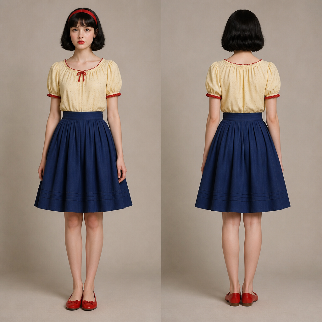 A European teenage girl with pale skin and ebony black hair in a short bob and red lipstick has a blue skirt and a yellow blouse with red accents at the sleeves has a red headband in her hair and red ballerina shoes and the outfit is School appropriate
photorealistic fashion design, A European teenage girl with pale skin and ebony black hair in a short bob and red lipstick has a blue skirt and a yellow blouse with red accents at the sleeves has a red headband in her hair and red ballerina shoes and the outfit is School appropriate , cottagecore style, just the design no text, show front and back