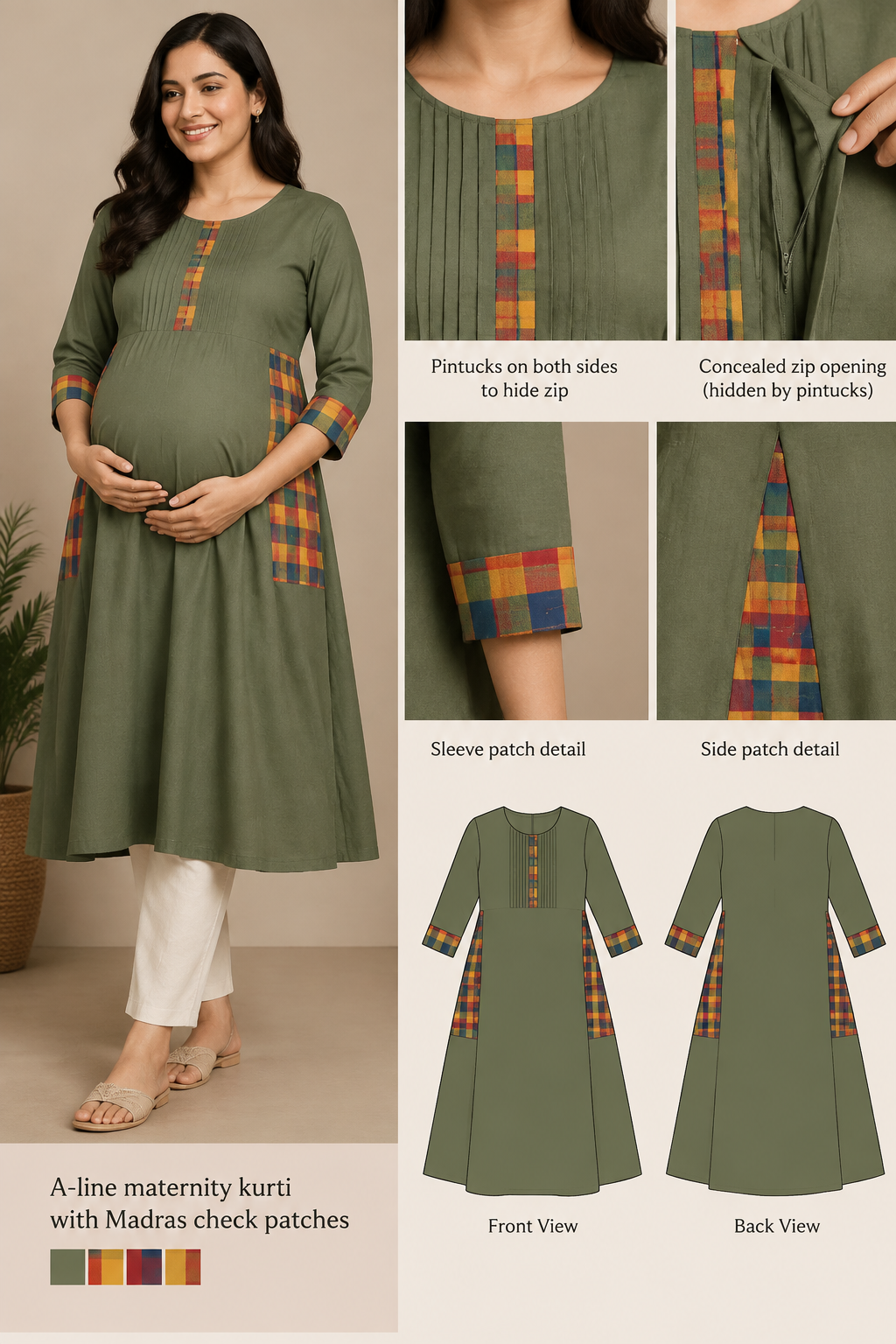 A solid a line maternity wear kurti with madras check patches and pintucks on both sides of chest to hide zip
A solid a line maternity wear kurti with madras check patches and pintucks on both sides of chest to hide zip