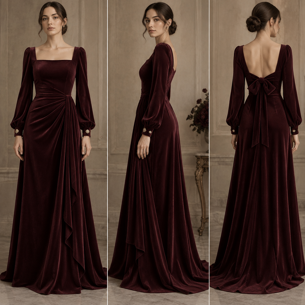 A Female Dress design, in Classic style. A sophisticated floor-length evening dress inspired by timeless Old Money elegance, redesigned with a modern and distinctive character.
The dress features a deep black-cherry/burgundy tone with a luxurious matte satin or soft velvet fabric. The silhouette is elegant and fluid, gently defining the waist without looking overly fitted.
It has a refined square neckline and long, graceful sleeves with a subtle volume at the cuffs. A delicate asymmetrical draping detail falls naturally around the waist, creating movement and giving the dress a unique couture touch.
The back reveals a subtle open-back detail, finished with a small, elegant bow for an unexpected feminine accent. Minimal antique-gold detailing adds a quiet luxury feel without making the dress look flashy.
The overall aesthetic is timeless, sophisticated, feminine, luxurious, and effortlessly elegant—perfect for weddings, formal dinners, receptions, and special evening occasions.. Design with modest coverage. Present it as professional fashion catalogue photography: the garment is the subject, shown full-length with editorial styling, neutral posing and tasteful, non-suggestive framing.
photorealistic fashion design, A Female Dress design, in Classic style. A sophisticated floor-length evening dress inspired by timeless Old Money elegance, redesigned with a modern and distinctive character.
The dress features a deep black-cherry/burgundy tone with a luxurious matte satin or soft velvet fabric. The silhouette is elegant and fluid, gently defining the waist without looking overly fitted.
It has a refined square neckline and long, graceful sleeves with a subtle volume at the cuffs. A delicate asymmetrical draping detail falls naturally around the waist, creating movement and giving the dress a unique couture touch.
The back reveals a subtle open-back detail, finished with a small, elegant bow for an unexpected feminine accent. Minimal antique-gold detailing adds a quiet luxury feel without making the dress look flashy.
The overall aesthetic is timeless, sophisticated, feminine, luxurious, and effortlessly elegant—perfect for weddings, formal dinners, receptions, and special evening occasions.. Design with modest coverage. Present it as professional fashion catalogue photography: the garment is the subject, shown full-length with editorial styling, neutral posing and tasteful, non-suggestive framing., classic style, just the design no text