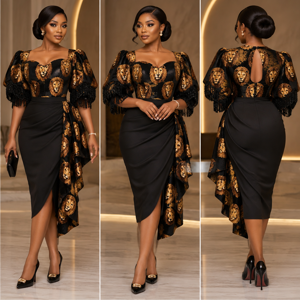 I need you to design something for me. Someone wants me to make an outfit for her. You know this... there's this Igbo material, this Igbo fabric. They call it Isiagu. It has, like, lion head on it. It's usually the Igbos that use it. So someone brought it and wants me to make a dress for her with it. It's a shiny black material with lion head drawn, designed on it, like everywhere on it. And the lion head is in gold, but the actual fabric is black, shiny black. And I'm sure if you check, you'll see pictures of it online. So she wants me to make a bustier dress. She wants me to make the front with, like, a sweetheart neckline, and the Igbo material will be used for the upper bodies. The back would be a keyhole neckline. Yeah, it will have buttons, and then a little opening, then the zipper. And it's going to be a short dress, just below, a little below the knee. And the sleeves are going to be this, what do they call it, is it bucket sleeves, with beads and then black fringe. So I don't know if you can, like, design it. The down, like the down of the dress, that's from the waist to the full length of the dress, is going to be another fabric. We decided to use... what's the name of this fabric? I've forgotten the name, but we decided to use another fabric for the downside of the dress. So the Isiagu, the Igbo, will be used for maybe for up. And I don't know, just design it how you want. But I want you to just know that we're mixing it with a plain fabric. So just help me, like, design it, let me see how you would do it. let the drape on the skirt be with the Isiagu. Nigeria fashion aesthetics. Present it as professional fashion catalogue photography: the garment is the subject, shown full-length with editorial styling, neutral posing and tasteful, non-suggestive framing.
photorealistic fashion design, I need you to design something for me. Someone wants me to make an outfit for her. You know this... there's this Igbo material, this Igbo fabric. They call it Isiagu. It has, like, lion head on it. It's usually the Igbos that use it. So someone brought it and wants me to make a dress for her with it. It's a shiny black material with lion head drawn, designed on it, like everywhere on it. And the lion head is in gold, but the actual fabric is black, shiny black. And I'm sure if you check, you'll see pictures of it online. So she wants me to make a bustier dress. She wants me to make the front with, like, a sweetheart neckline, and the Igbo material will be used for the upper bodies. The back would be a keyhole neckline. Yeah, it will have buttons, and then a little opening, then the zipper. And it's going to be a short dress, just below, a little below the knee. And the sleeves are going to be this, what do they call it, is it bucket sleeves, with beads and then black fringe. So I don't know if you can, like, design it. The down, like the down of the dress, that's from the waist to the full length of the dress, is going to be another fabric. We decided to use... what's the name of this fabric? I've forgotten the name, but we decided to use another fabric for the downside of the dress. So the Isiagu, the Igbo, will be used for maybe for up. And I don't know, just design it how you want. But I want you to just know that we're mixing it with a plain fabric. So just help me, like, design it, let me see how you would do it. let the drape on the skirt be with the Isiagu. Nigeria fashion aesthetics. Present it as professional fashion catalogue photography: the garment is the subject, shown full-length with editorial styling, neutral posing and tasteful, non-suggestive framing., just the design no text