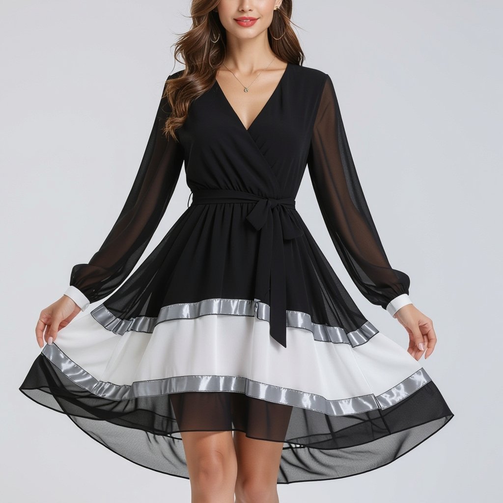 reflective border
Chiffon dress, A-line, with a reflective border.