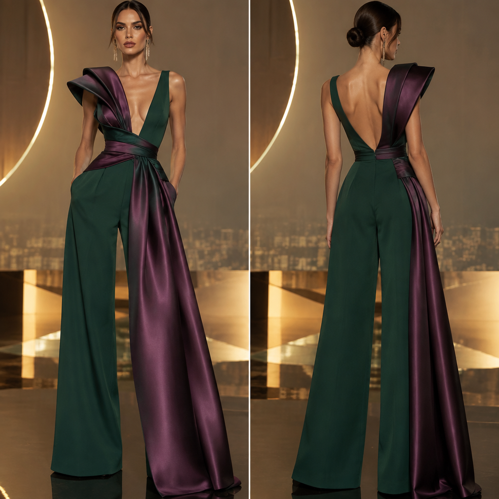 A sophisticated women's evening jumpsuit for a glamorous celebration. Fitted sculpted bodice, very deep V neckline, defined waist, long wide-leg trousers. One side of the bodice has an unexpected asymmetric architectural construction with elegant fabric twisting and subtle draping. Sexy, powerful and sophisticated. Emerald green and deep plum purple, using a combination of matte crepe and glossy satin. Modern high-fashion design, 30% avant-garde, luxurious and wearable.
photorealistic fashion design, A sophisticated women's evening jumpsuit for a glamorous celebration. Fitted sculpted bodice, very deep V neckline, defined waist, long wide-leg trousers. One side of the bodice has an unexpected asymmetric architectural construction with elegant fabric twisting and subtle draping. Sexy, powerful and sophisticated. Emerald green and deep plum purple, using a combination of matte crepe and glossy satin. Modern high-fashion design, 30% avant-garde, luxurious and wearable., retro_futurism style, just the design no text, show front and back