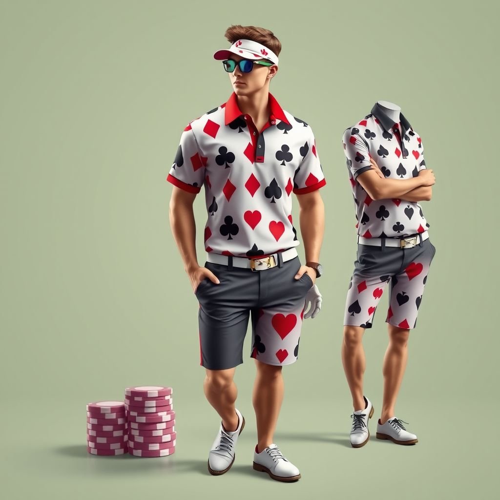 poker man golf wear
Design a unique fusion of poker-themed golf wear, featuring vibrant card suit patterns on moisture-wicking fabrics. Incorporate tailored polo shirts with high collars and detachable card-themed lapels, alongside stylish shorts adorned with subtle poker chip motifs. Accessorize with a sophisticated visor and golf shoes that echo classic casino elegance.