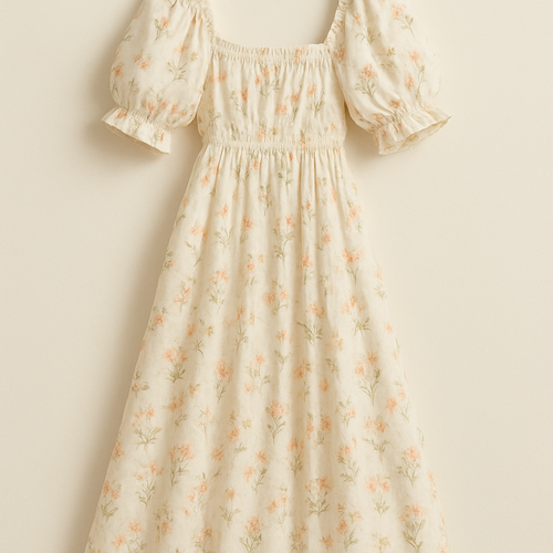 Romantic prairie dress with puff sleeves and wildflower print