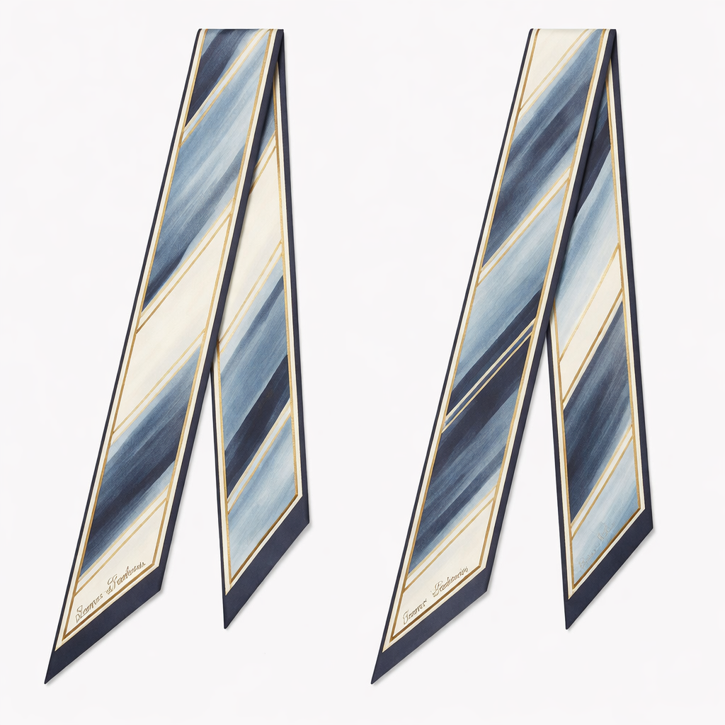 Design a 5cm x 86cm silk twill scarf for a luxury brand called Jolie Franc. The style combines American preppy structure, British tailoring, and subtle French Impressionist influence. Feature a refined, tailored stripe pattern softened by gentle, painterly transitions inspired by French Impressionism, not bold brushstrokes. Use a timeless, year-round color palette of warm ivory, inky navy, soft slate blue, with discreet antique gold accents. Include a thin framed border and hand-rolled edges. The design should feel elegant, structured, and artistic, instantly recognizable when wrapped around a Kelly-style bag handle or worn for refined day-to-evening occasions.
Design a 5cm x 86cm silk twill scarf for a luxury brand called Jolie Franc. The style combines American preppy structure, British tailoring, and subtle French Impressionist influence. Feature a refined, tailored stripe pattern softened by gentle, painterly transitions inspired by French Impressionism, not bold brushstrokes. Use a timeless, year-round color palette of warm ivory, inky navy, soft slate blue, with discreet antique gold accents. Include a thin framed border and hand-rolled edges. The design should feel elegant, structured, and artistic, instantly recognizable when wrapped around a Kelly-style bag handle or worn for refined day-to-evening occasions., classic style, show front and back