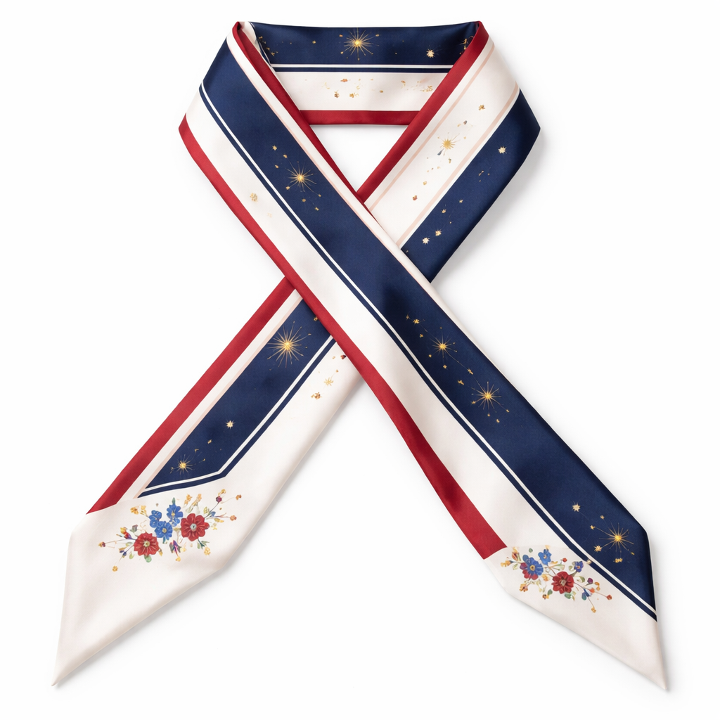 Design a silk twilly scarf that is 5x 86cm that is for the United States of America’s 250th birthday. No words or logos. Ralph Lauren vibe. Way simpler. Even more simple. Add a subtle element of celebration. Make it preppy. Add feminine touch no bows
Design a silk twilly scarf that is 5x 86cm that is for the United States of America’s 250th birthday. No words or logos. Ralph Lauren vibe. Way simpler. Even more simple. Add a subtle element of celebration. Make it preppy. Add feminine touch no bows , classic style, show front and back