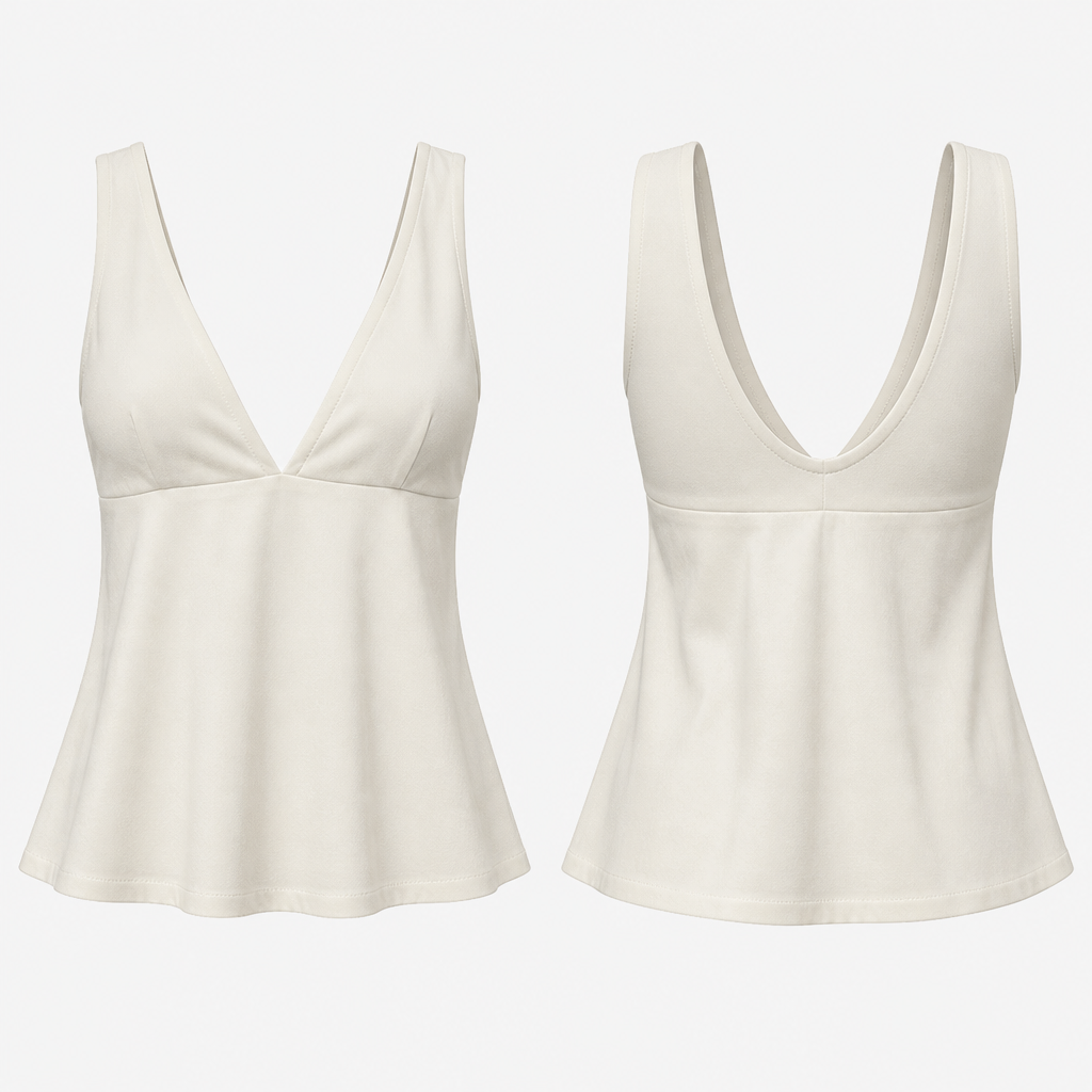 A feminine, minimalist sleeveless top with a deep V-neckline in front. It has wide shoulder straps and a fitted upper/bust area with a seam underneath the bust for a slightly structured shape. From the bust down, the top has a soft A-line/flowy silhouette that isn’t tight around the waist.
photorealistic fashion design, A feminine, minimalist sleeveless top with a deep V-neckline in front. It has wide shoulder straps and a fitted upper/bust area with a seam underneath the bust for a slightly structured shape. From the bust down, the top has a soft A-line/flowy silhouette that isn’t tight around the waist., streetwear style, just the design no text, show front and back