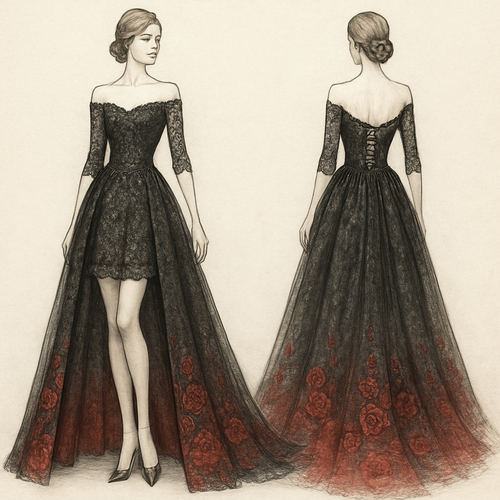 Lace Black A-line off-the-shoulder 1/3 lace sleeves wedding dress with detachable skirt revealing a shorter dress. Corset back, with embroidered sequin beading on the top. The bottom fades into red with embroidered red sequined roses.