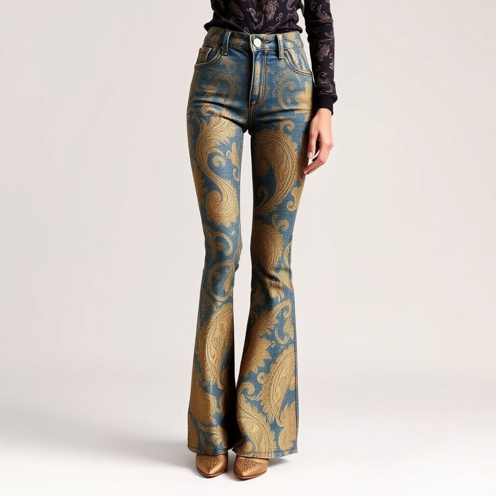 crée un jean taille basse vintage du style Roberto cavalli avec un motif doré
Conceive a vintage-inspired low-rise jean reminiscent of Roberto Cavalli's flamboyant aesthetic, featuring intricate golden paisley patterns that swirl across the fabric. The silhouette should be tailored with bell-bottom legs, adding a quintessential 70s vibe. Accentuate the design with retro embellishments, giving it an opulent yet relaxed allure, perfect for timeless elegance.