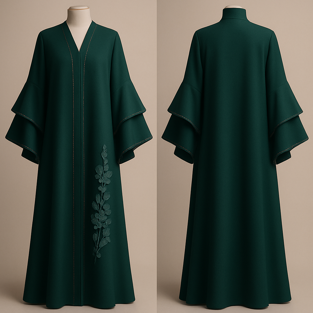 The Luxury Double-Sleeve Abaya
Tone: Deep Emerald
Design:
Layered double-sleeve with stone outlines and a few floral appliqués.
Why it will sell:
Double-sleeve designs trend every year sophisticated and instantly attractive.
The Luxury Double-Sleeve Abaya
Tone: Deep Emerald
Design:
Layered double-sleeve with stone outlines and a few floral appliqués.
Why it will sell:
Double-sleeve designs trend every year sophisticated and instantly attractive.
, show front and back