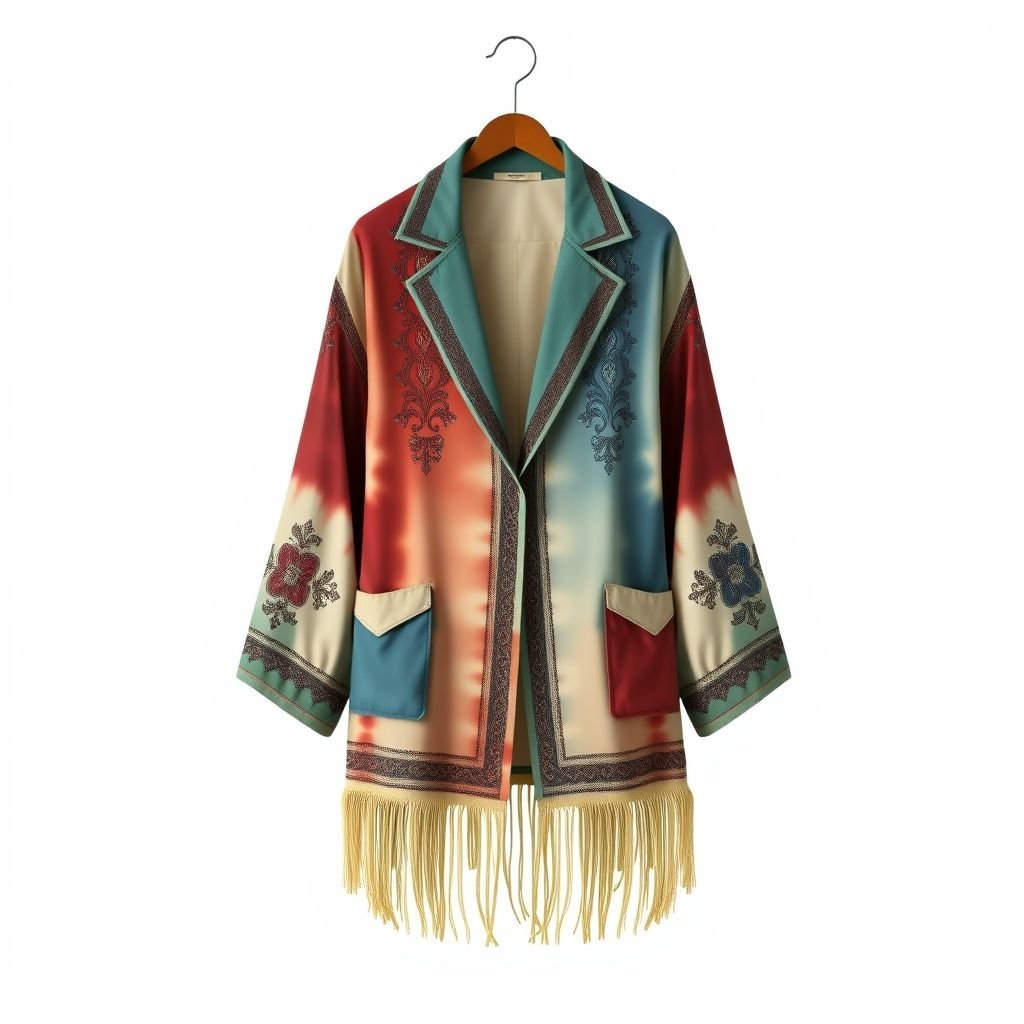 oversized casual blazer for women with tide sileeves
Design a chic oversized casual blazer for women, embodying bohemian spirit by featuring flowing, tie-dye silk sleeves that cascade gracefully. Incorporate earthy tones and intricate embroidery along the lapels, and add a fringed hemline for a relaxed vibe. Complete the look with patchwork details and a relaxed fit for ultimate comfort.