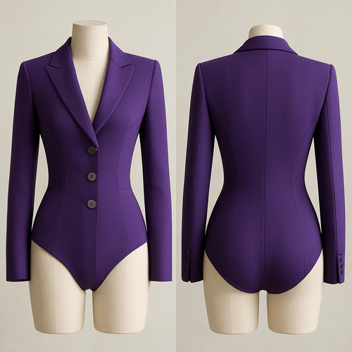 A bodysuit that is essentially a tailored suit for women in purple with gray buttons.