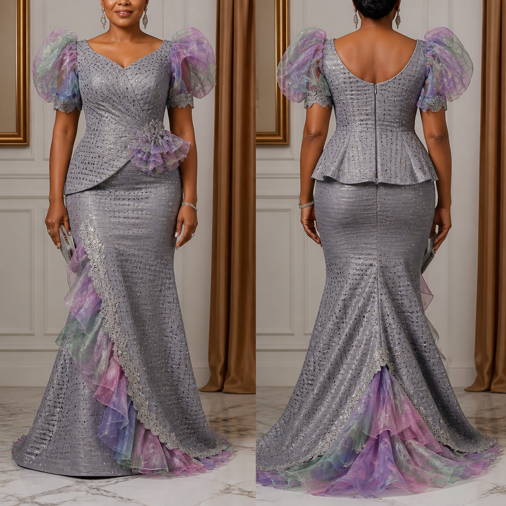 PROMPT
A photorealistic dinner dress for a 50 year old woman to attend a birthday party made from colorful beautiful silver gray aso oke with small holes on it and a touch of colorful organza fabric with beautiful trims that will look gorgeous and fabulous.
photorealistic fashion design, PROMPT
A photorealistic dinner dress for a 50 year old woman to attend a birthday party made from colorful beautiful silver gray aso oke with small holes on it and a touch of colorful organza fabric with beautiful trims that will look gorgeous and fabulous.
, fifties style, just the design no text, show front and back