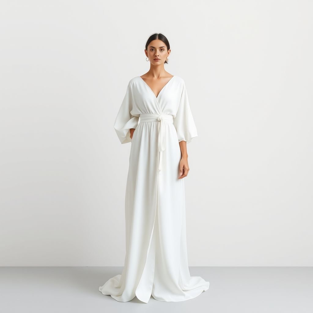Caftán en forma de vestido de novia inspirado en la época de protectorado español en la ciudad de Tetuán en Marruecos
Diseña un caftán nupcial minimalista, fusionando la elegancia contemporánea con la rica herencia de Tetuán. El vestido, de líneas limpias y silueta fluida, presenta un escote sutil y mangas amplias, en un tono blanco puro. Acabados delicados y tejidos ligeros permiten que la belleza se exprese a través de la simplicidad.