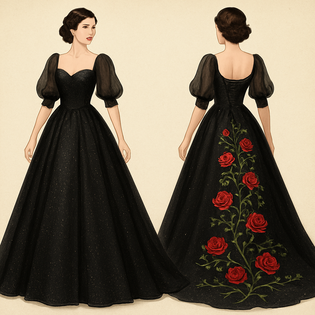 Glittery wedding dress,black color, 1/3 sleeves puffy chiffon sleeves. With red roses and green vines embroidered cascading down the back of the dress flowing along the train. Corset top and lace up back.
Glittery wedding dress,black color, 1/3 sleeves puffy chiffon sleeves. With red roses and green vines embroidered cascading down the back of the dress flowing along the train. Corset top and lace up back., retro style, show front and back