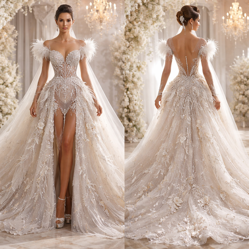 Make an wedding dress that no one seen before
Make an wedding dress that no one seen before
, glamorous style, show front and back
