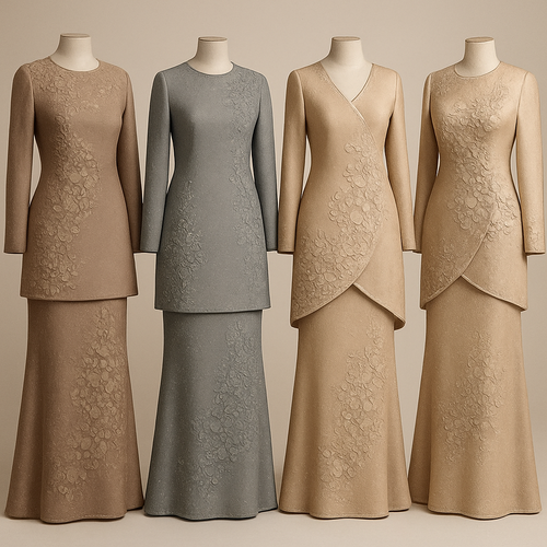 Create me modest two piece that's first in the world, using unique stone design, classy and sophisticated. Keep me 4 designs. Make them rich by adding minimal stone embroidery and stones designs. Showcasing different styles and fabric.