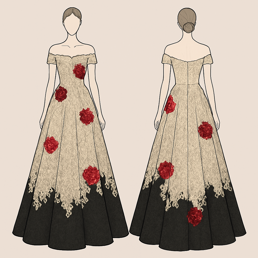 Lace champagne and black wedding dress with off the shoulder sleeves with sequined red roses around the dress.
Lace champagne and black wedding dress with off the shoulder sleeves with sequined red roses around the dress., minimalist style, show front and back