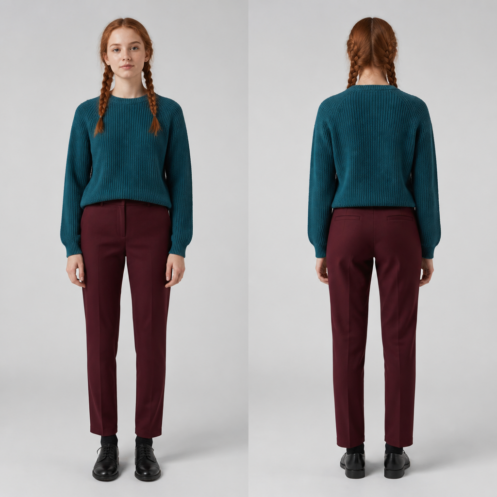 A Scandinavian 16 year old teenage girl with auburn hair in two braids and teal blue sweater and maroon pants and black Oxford shoes and it needs to be School appropriate
photorealistic fashion design, A Scandinavian 16 year old teenage girl with auburn hair in two braids and teal blue sweater and maroon pants and black Oxford shoes and it needs to be School appropriate , scandinavian style, just the design no text, show front and back