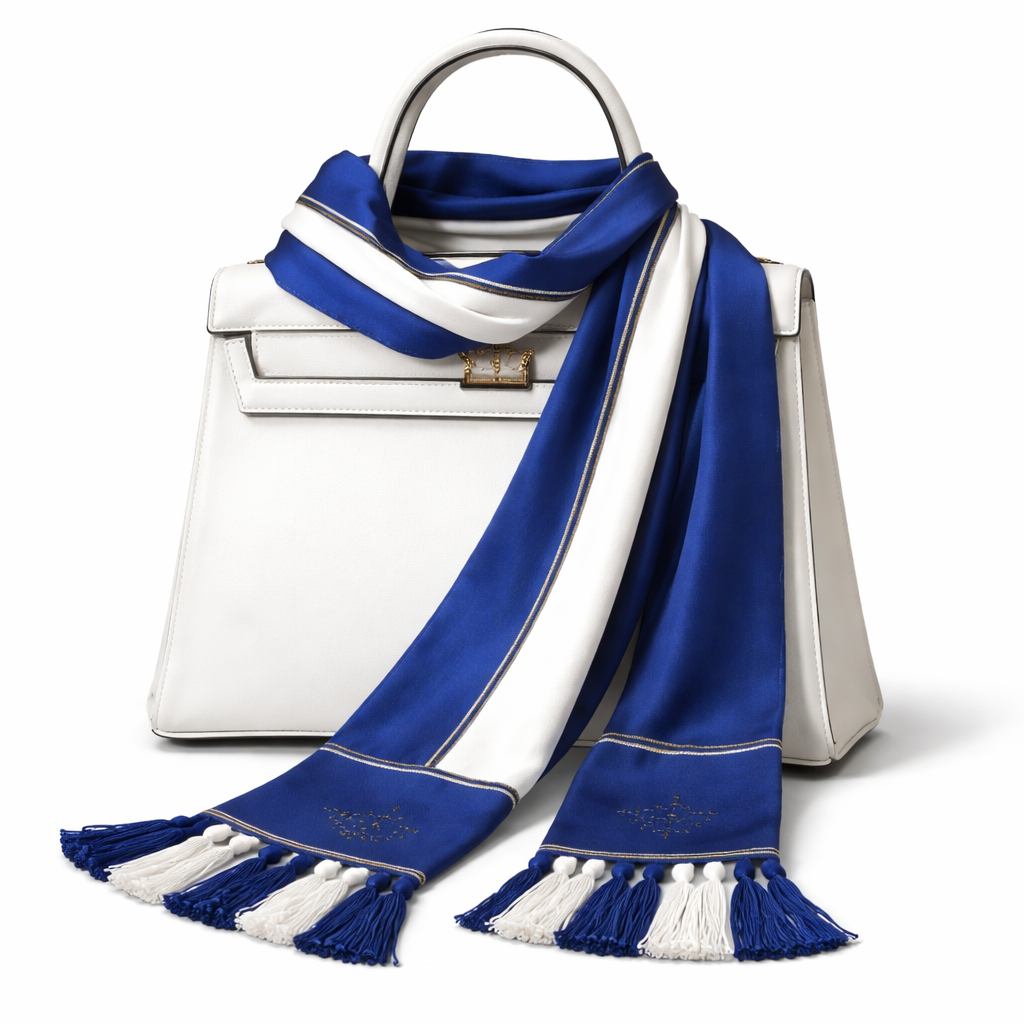 Overall Vibe:
Timeless, athletic, and polished—something that feels like it belongs with the Royals uniform, not just merch.
Color Palette:
• Royal Blue (primary base)
• Crisp White (main contrast)
• Subtle Gold Accent (thin pinstripes only, very restrained)
Stripe Layout (Uniform-Inspired):
• Wide royal-blue base across the scarf
• A bold central white stripe running horizontally end-to-end
• On each side of the white stripe:
• Thin gold pinstripe
• Followed by a thin white pinstripe
• This mirrors a classic baseball uniform stripe but feels modern and wearable
Ends / Details:
• Tasseled ends in alternating royal blue and white
• Near each end: a small, woven crown motif (very minimal, tone-on-tone—not loud)
• No text or player names to keep it timeless
It needs to be a silk scarf that can fit on a Kelly style handbag on the handle
Overall Vibe:
Timeless, athletic, and polished—something that feels like it belongs with the Royals uniform, not just merch.
Color Palette:
• Royal Blue (primary base)
• Crisp White (main contrast)
• Subtle Gold Accent (thin pinstripes only, very restrained)
Stripe Layout (Uniform-Inspired):
• Wide royal-blue base across the scarf
• A bold central white stripe running horizontally end-to-end
• On each side of the white stripe:
• Thin gold pinstripe
• Followed by a thin white pinstripe
• This mirrors a classic baseball uniform stripe but feels modern and wearable
Ends / Details:
• Tasseled ends in alternating royal blue and white
• Near each end: a small, woven crown motif (very minimal, tone-on-tone—not loud)
• No text or player names to keep it timeless
It needs to be a silk scarf that can fit on a Kelly style handbag on the handle