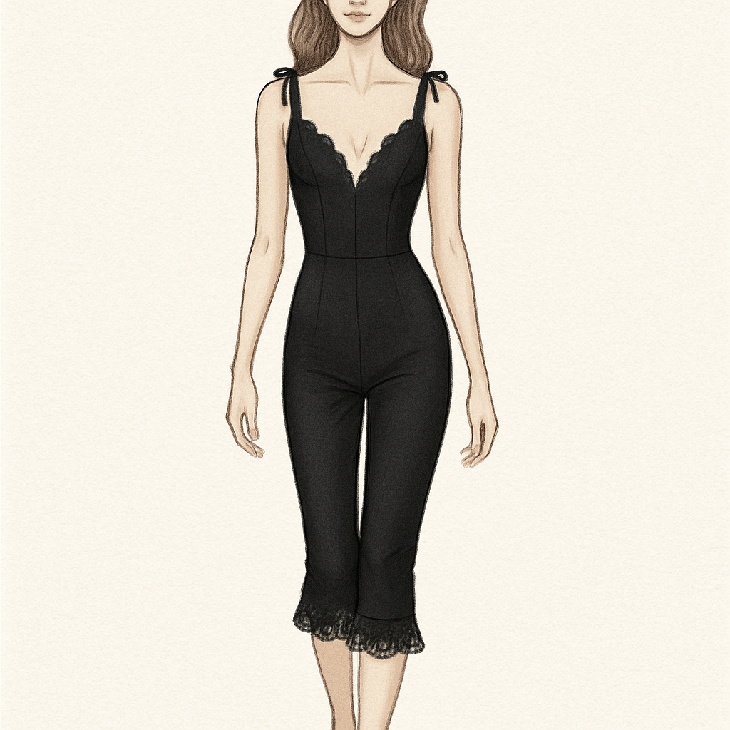 Plunge-Neck Scalloped Corset Capri Jumpsuit Adjustable tapered shoulder strap with Ruffle lace hem
Plunge-Neck Scalloped Corset Capri Jumpsuit Adjustable tapered shoulder strap with Ruffle lace hem