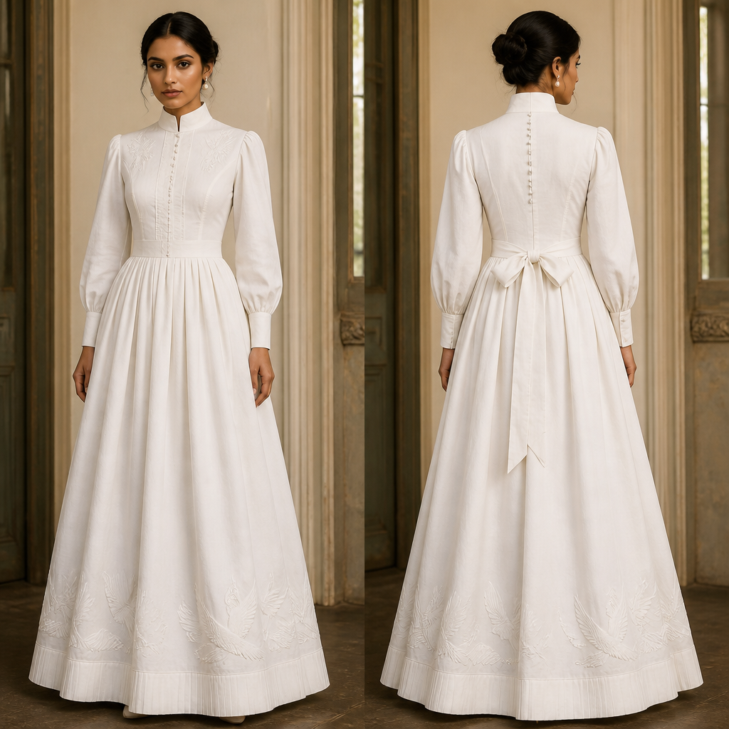 A Female Dress design, made of Cotton, for Formal, suitable for Winter, in Elegant + Classic + Vintage style. inspired by white dove. Sri Lanka fashion aesthetics.
photorealistic fashion design, A Female Dress design, made of Cotton, for Formal, suitable for Winter, in Elegant + Classic + Vintage style. inspired by white dove. Sri Lanka fashion aesthetics., elegant style, just the design no text, show front and back