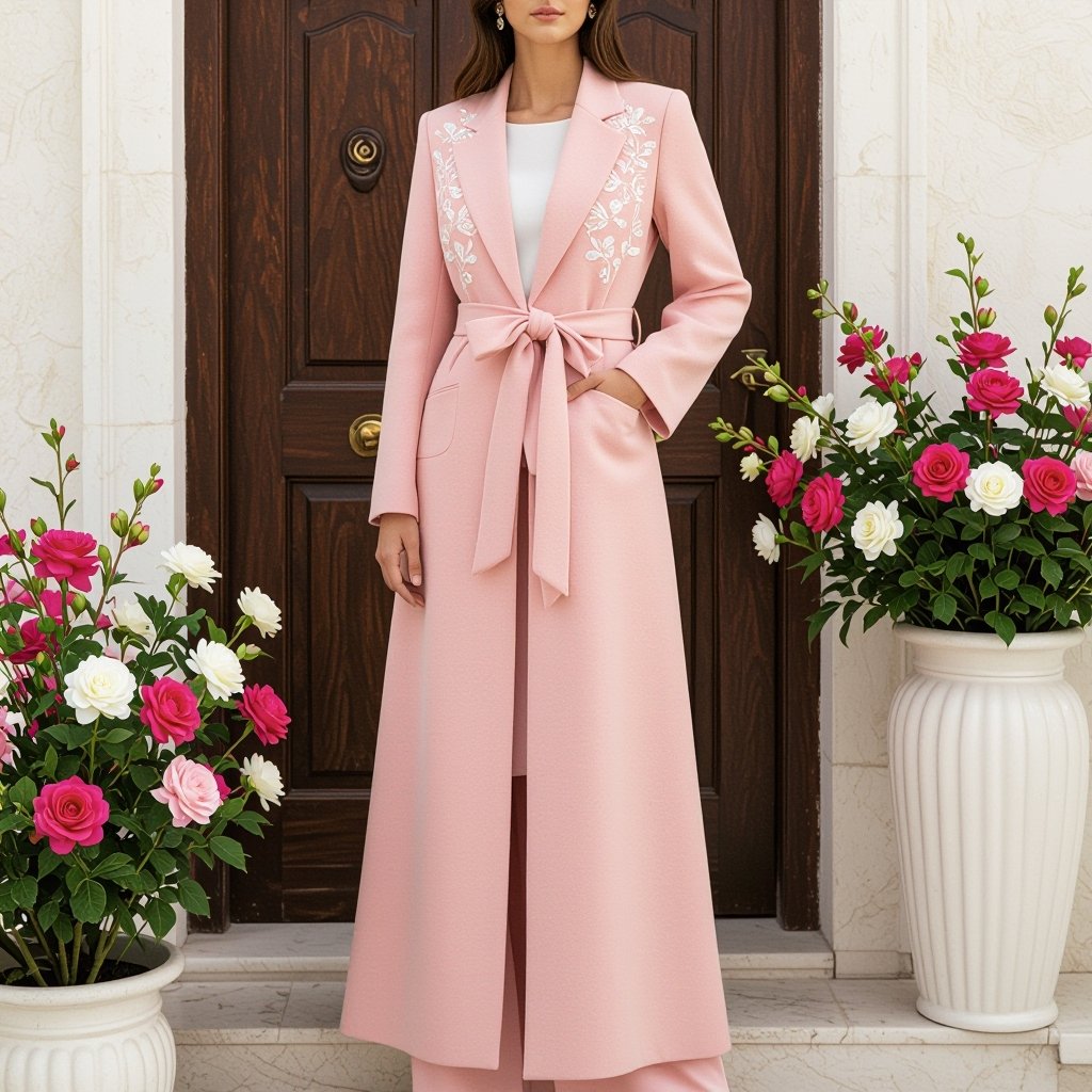 Long Abaya Blazer Design – Formal & Elegant • Outer Fabric: Worsted Wool (Super Wool) in a baby pink shade (very soft light pink). • Offers a subtle refined sheen with a straight, elegant structure that enhances the blazer style. • Inner Lining: Bemberg Rayon in light beige or pastel pink for added comfort and smoothness. • Key Details: • A-Line cut flowing gracefully from shoulder to floor. • Slim feminine blazer lapel with clean, neat finishing. • Hidden inner closure to keep the focus on the outer design and embroidery. • Back design: Kept plain and minimal, with a small slit at the center back hem, emphasizing the blazer character while allowing ease of movement. • Embroidery: • Crafted in delicate off-white raised stitching. • Placement: Starting from the right shoulder, flowing down along the side of the chest, extending seamlessly to mid-waist. • Pattern: Elegant floral and leaf motifs in raised embroidery, adding a refined feminine touch without overwhelming the formal character. • Subtle accents in very light golden threads can be added for a luminous effect under lighting. ⸻ ✨ Result: A baby pink abaya blazer with refined off-white side embroidery, plain back with a subtle slit, designed to blend formality, luxury, and feminine softness — perfect for occasions and business gatherings.
Business fashion: Baby pink wool abaya blazer, A-line, with neat lapel. Features subtle raised off-white floral and leaf embroidery from shoulder to mid-waist. Plain back with a small slit. Hidden closure. Business formal.