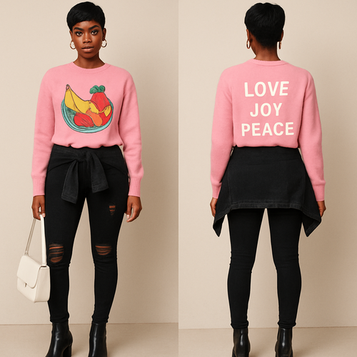 Black woman 
Pixie cut 
Pink sweater shirt with healthy fruit on it
On that back it says love joy peace 
Tight Black ripped jeans a jacket wrapped around the waist 
Gold jewelry 
Gold crosses on pants 
Black heel boots 
White purse 