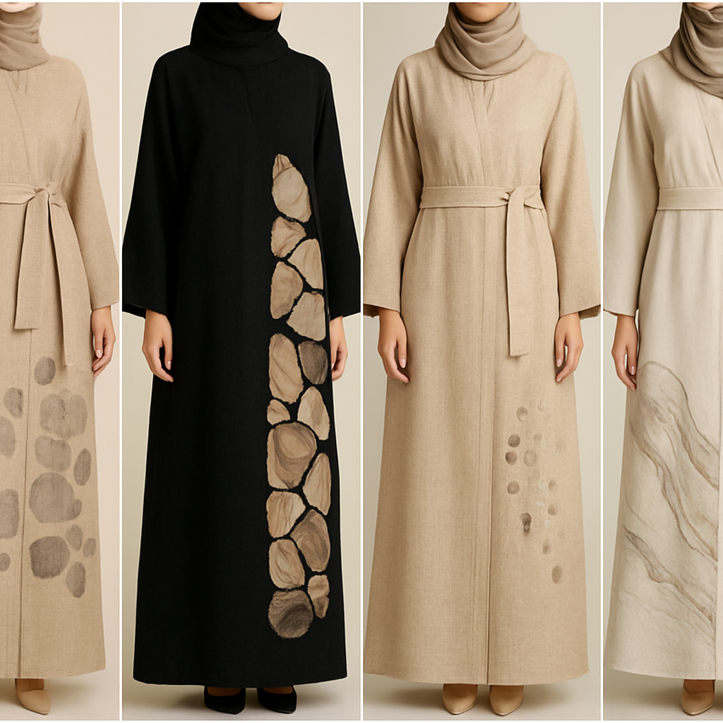 Create a modest two-piece linen abaya, the first of its kind, featuring a unique stone design that exudes a classy and sophisticated vibe. I'd like four designs, each showcasing different styles and fabrics. Incorporate high-end, unique chic stone designs to make them truly special. Add little sophisticated stone designs.

Create a modest two-piece linen abaya, the first of its kind, featuring a unique stone design that exudes a classy and sophisticated vibe. I'd like four designs, each showcasing different styles and fabrics. Incorporate high-end, unique chic stone designs to make them truly special. Add little sophisticated stone designs.