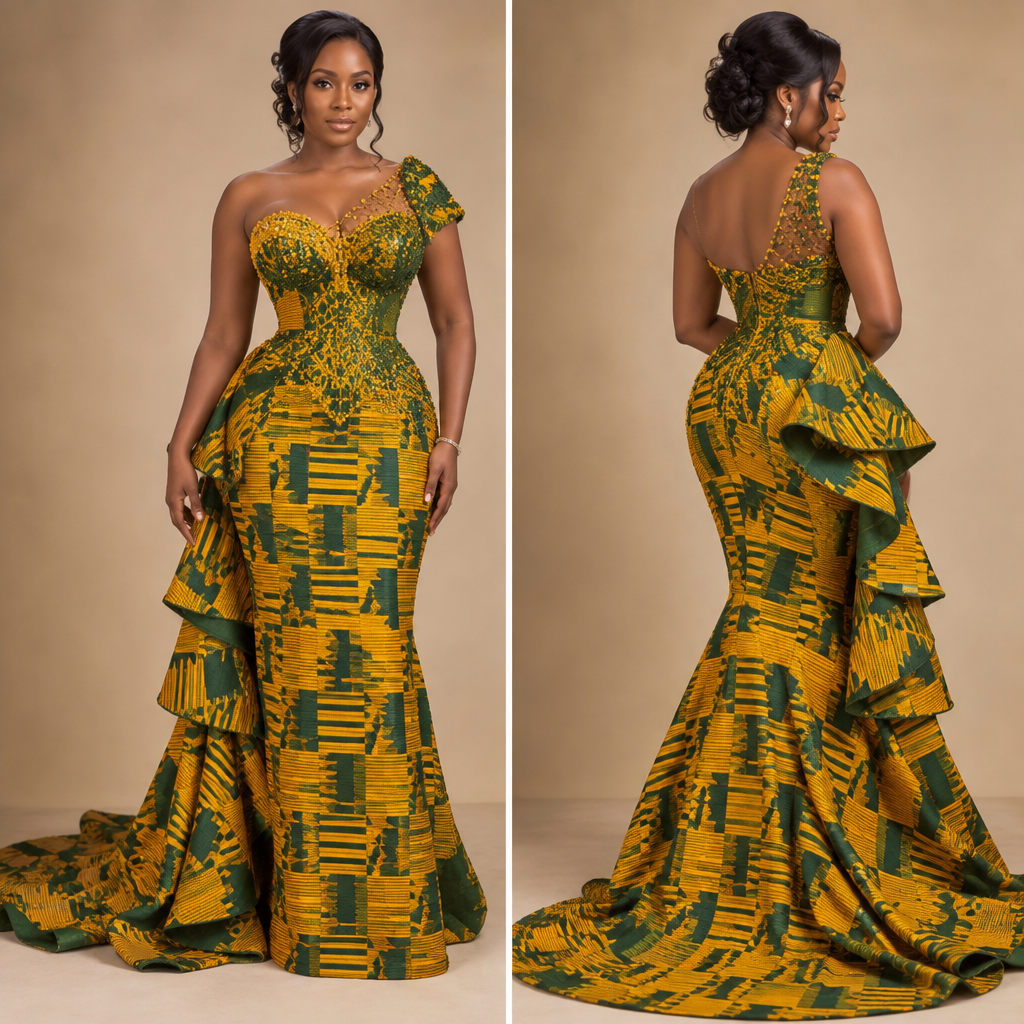 A Female fashion design, in Elegant style. I want it in a kenta cloth designed in yellow and green design with beads for the top and down flare at the back like test for engagement. Ghana fashion aesthetics. Present it as professional fashion catalogue photography: the garment is the subject, shown full-length with editorial styling, neutral posing and tasteful, non-suggestive framing.
photorealistic fashion design, A Female fashion design, in Elegant style. I want it in a kenta cloth designed in yellow and green design with beads for the top and down flare at the back like test for engagement. Ghana fashion aesthetics. Present it as professional fashion catalogue photography: the garment is the subject, shown full-length with editorial styling, neutral posing and tasteful, non-suggestive framing., elegant style, just the design no text