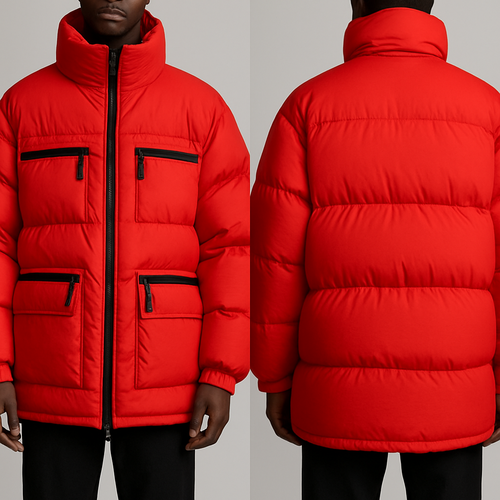 Red Bubble coat with zippers and pockets