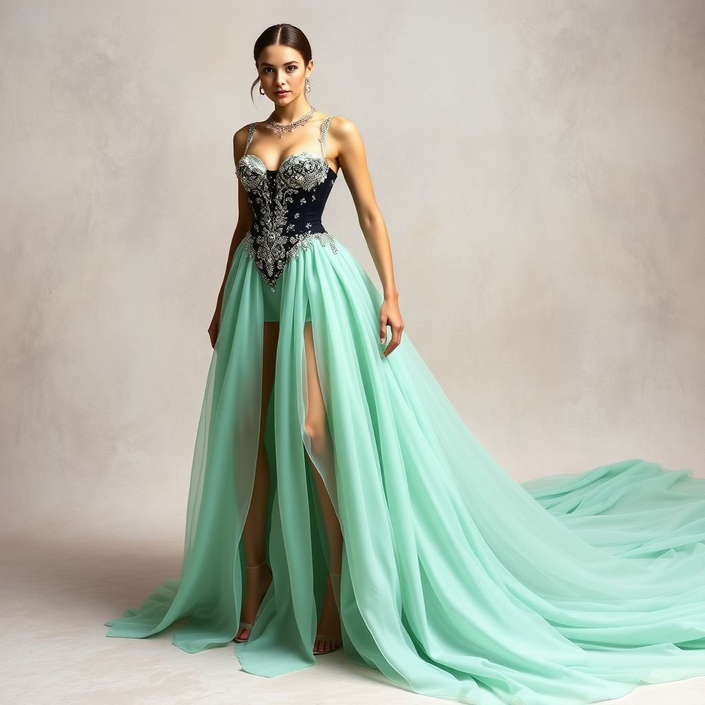 corset jumpsuit with The voluminous skirt flows in layers of fabric , mint green train
Design a glamorous corset jumpsuit that features a fitted bodice adorned with intricate beading and sparkling sequins. The jumpsuit transitions to a voluminous skirt, cascading in layers of sheer chiffon and satin, creating an ethereal effect. A breathtaking mint green train trails behind, adding an enchanting touch to this opulent ensemble.