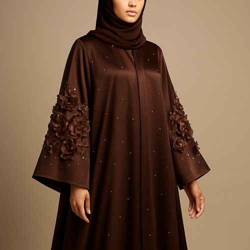 The Rich Satin-Bloom Abaya
Tone: Chocolate Brown Design: Mixed satin flowers on sleeves + scattered golden stones.