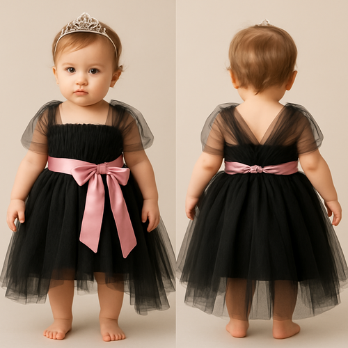 1歳の女の子のベビードレス着用画
黒のチュールドレス、前が短くて後ろが長いスカート
上半身は、細かいギャザーを寄せたベアトップのチュールのボディス
その上から同一色のチュールショルダーラップ、肩から膝上までをふんわり巻き付けるように、背中で左右のショルダーラップがくっつくように
胸下の切り返しにローズピンクのサテン生地の太めのリボンを前から一周巻いて、真ん中ではなく、左前あたりで大きくリボン縛り
リボンの結び目は前
頭には派手すぎないシルバーのティアラ