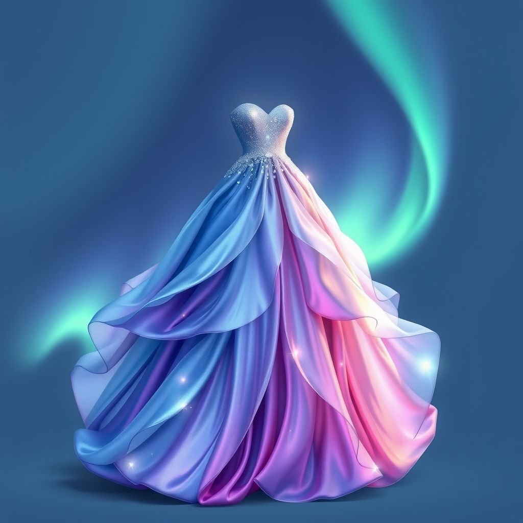 Aurora
Design a breathtaking evening gown inspired by the ethereal beauty of the Aurora Borealis. The gown features flowing layers of iridescent fabric that mimic shifting colors of green, purple, and blue. Accentuate with luminous crystals that capture the light, while a celestial-inspired silhouette evokes a sense of cosmic elegance and wonder.