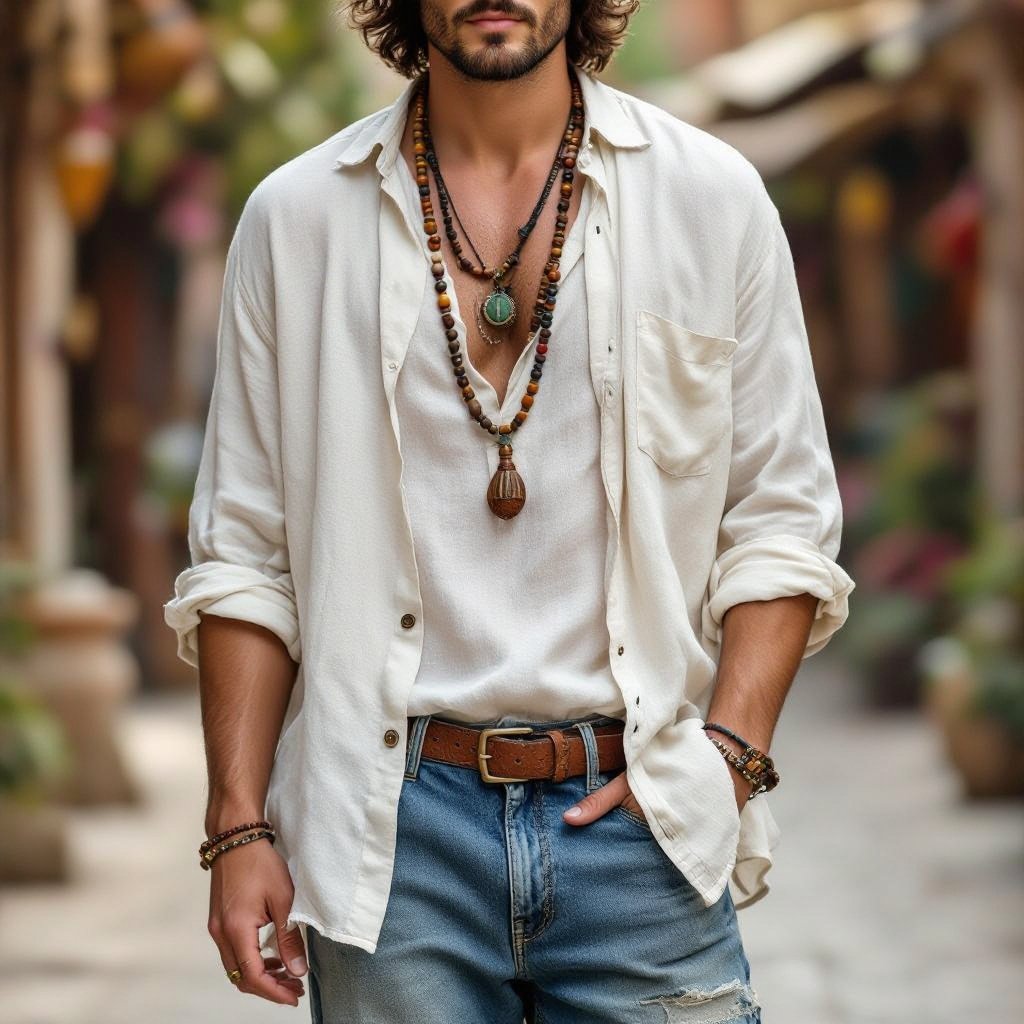 Oriental homme
Bohemian fashion: Oriental man. Flowy linen shirt, relaxed fit. Distressed denim. Natural leather sandals. Beaded necklace, earthy tones.