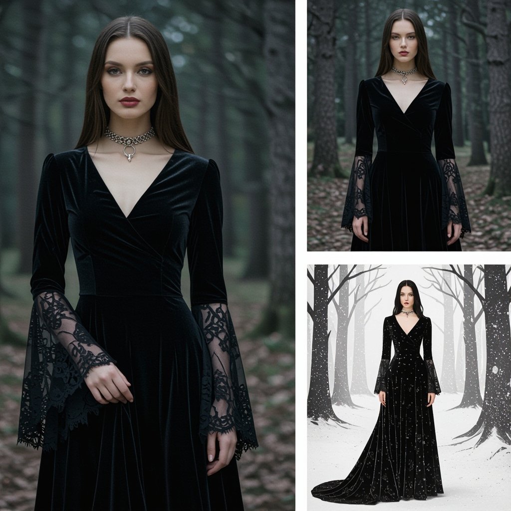 Yes
Gothic fashion: ## Original Prompt:
A woman in a black dress stands in a forest.
## Enhanced Prompt:
A woman in a black velvet dress stands in a dark forest, with long lace sleeves and a silver choker.