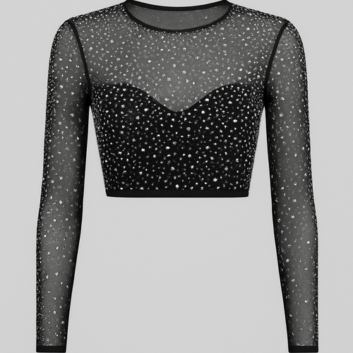 Long sleeve rhinestone crop top
Mesh material wish rhinestone on top