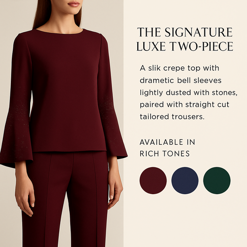 The Signature Luxe Two-Piece
A silk-crepe top with dramatic bell sleeves lightly dusted with stones, paired with straight-cut tailored trousers. Available in rich tones: