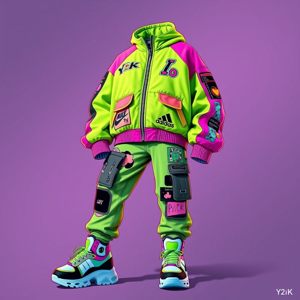 Streetwear zip up
Design a vibrant Y2K-inspired streetwear zip-up jacket featuring bold neon colors, graphic prints, and a cropped silhouette. Incorporate detachable sleeves for versatility, and accessorize with oversized pockets and mesh panels. Pair with low-rise cargo pants adorned with playful patches and chunky platform sneakers for a complete nostalgic urban look.