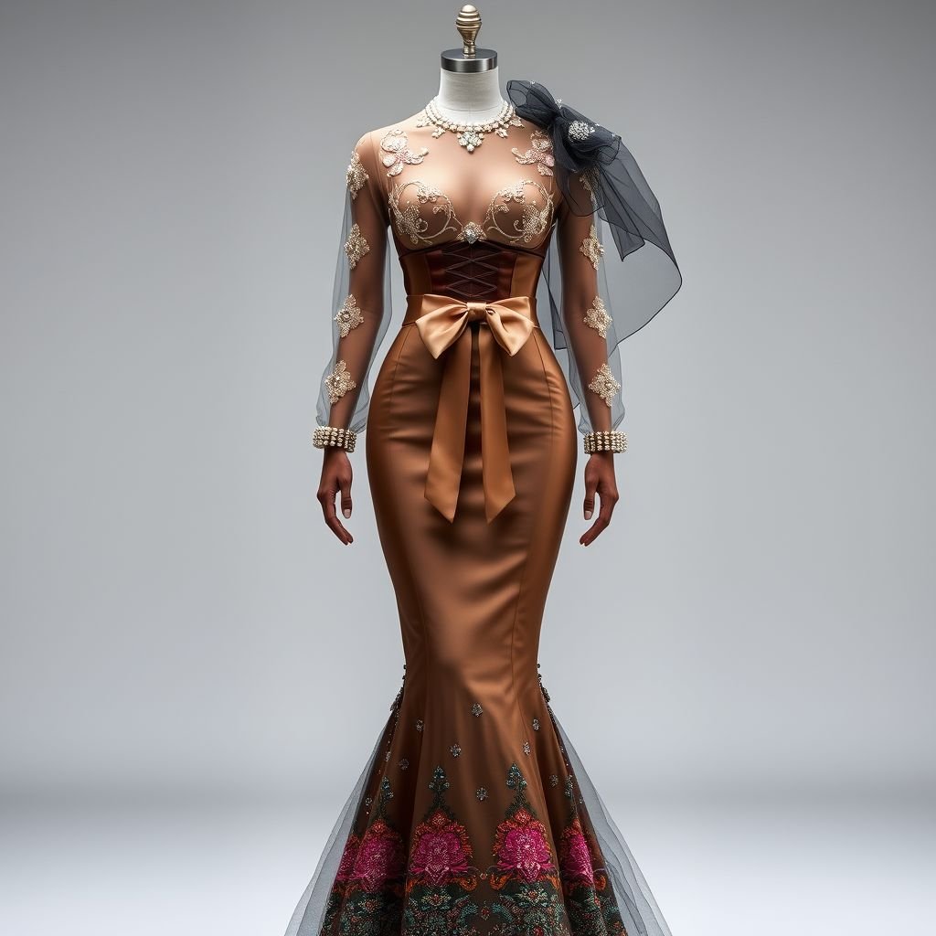 • Long fitted cut down to the knees, then flared with a light train (mermaid style) • Fabric: mix of shiny satin and transparent tulle embroidered with pearls and sequins, combined with African wax print fabric (pagne africain) • Top: • Structured corset with a bustier effect, very sculpted • Long transparent tulle sleeves with delicate floral embroidery • Illusion neckline (fine tulle giving the impression of a deep neckline but with subtle coverage) • Additional details: • Satin belt with a large bow decorated with jewels at the waist • Skirt decorated with small sequins in a gradient, denser at the top and lighter at the bottom • Small detachable veil on one shoulder (for a dramatic effect)
Create a striking streetwear-inspired fashion design featuring a long, fitted mermaid dress that flares at the knee with a light train. Use a blend of shiny satin and transparent tulle adorned with pearls and sequins, combined with vibrant African wax print fabric. The sculpted corset top offers a bustier effect, complemented by sheer, long tulle sleeves featuring delicate floral embroidery and an illusion neckline for subtle allure. Accent with a satin belt tied in a large jeweled bow at the waist, while the skirt sparkles with a gradient of sequins, and add a dramatic detachable veil on one shoulder for an edgy twist.