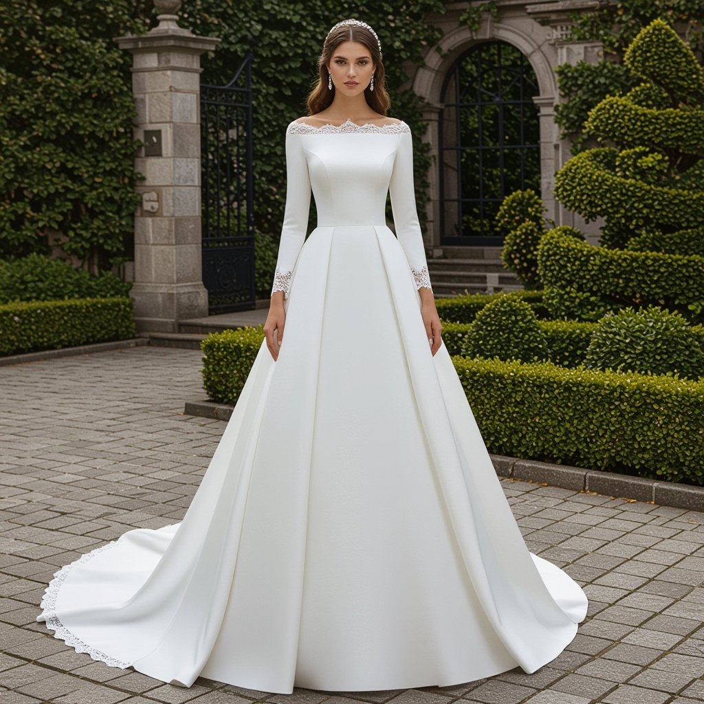 Weading dreas
Classic fashion: White silk wedding dress, A-line silhouette, boat neck, modest long sleeves, simple lace trim.