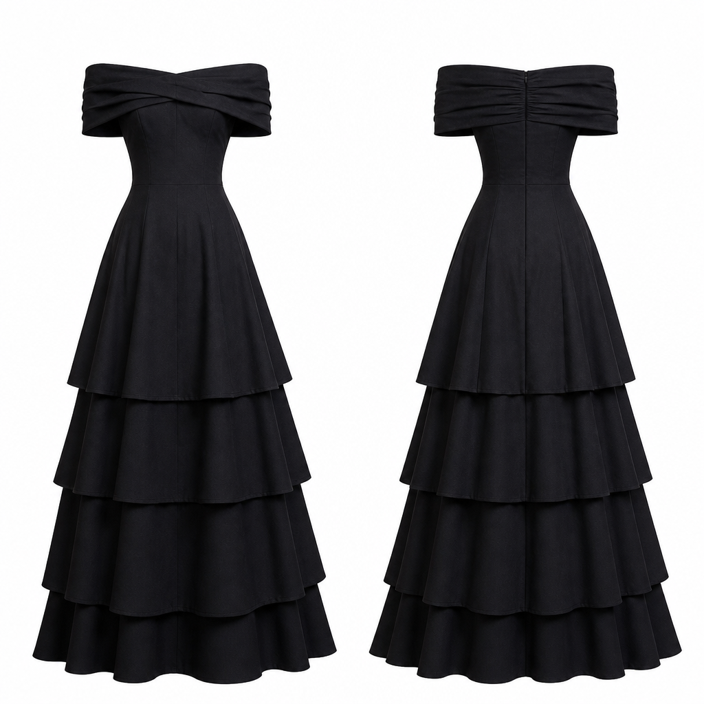 A Female Dress design, made of Cotton, for Formal, in Old Money + Elegant + Formal style. off shoulder, layered dressed, with dark and black colored.
make the background white. Design with modest coverage.
photorealistic fashion design, A Female Dress design, made of Cotton, for Formal, in Old Money + Elegant + Formal style. off shoulder, layered dressed, with dark and black colored.
make the background white. Design with modest coverage., old_money style, just the design no text, show front and back