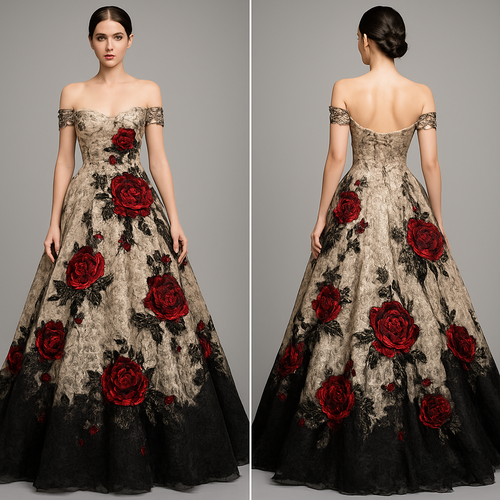 Lace champagne and black wedding dress with off the shoulder sleeves with sequined red roses around the dress.